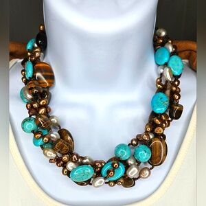 Genuine Freshwater Pearl, Turquoise & Tiger's Eye Multi Strand Necklace